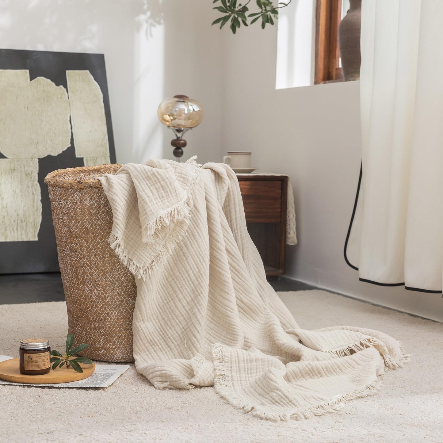 FOSSA Muslin Blanket with Fringe - 4-Layer 100% Cotton Gauze Super Soft & Breathable Throw -Lightweight Decorative Cooling Blanket for Bed, Sofa, Office (Beige, Throw (60" × 50"))