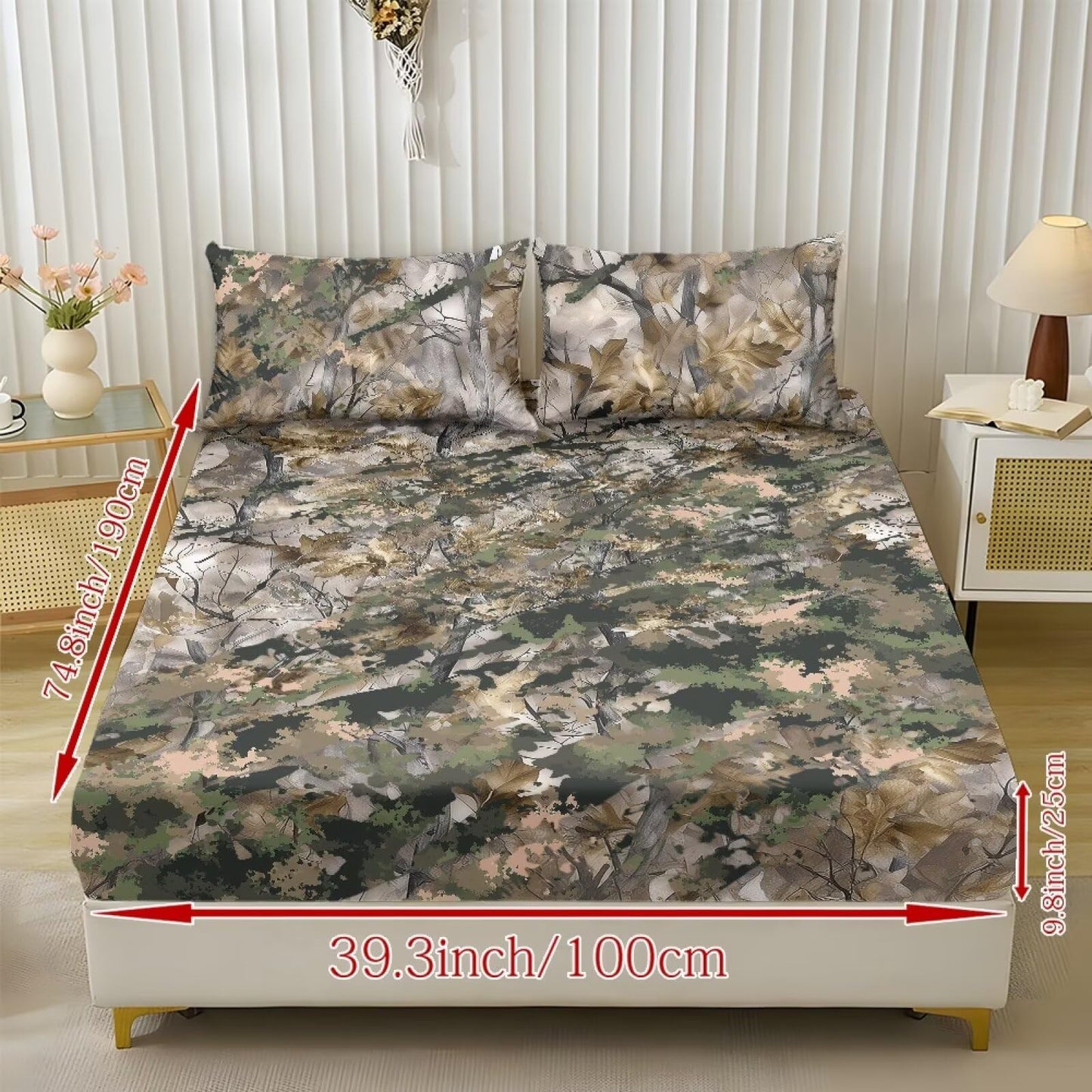 ZDCUSTOM XL Size Sheet Set Soft Stretchy Bedding Sheet Set 3 Pieces Deep Pocket Holiday Bedding Set with All Around Elastic Snug Fit Bottom Bedsheet Woodland Camo, 39" x 79"