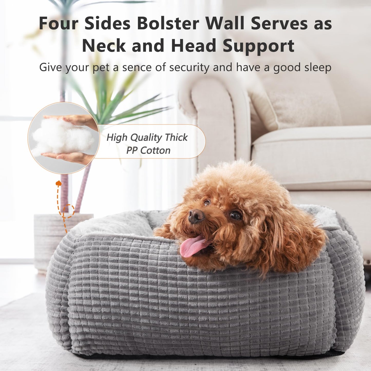 JOEJOY Medium Dog Bed Washable Pet Bed, Orthopedic Calming Dog with Raised Edges Rectangle Bed Non-Slip Bottom Puppy Bed, Soft Rose Velvet Pet Bed For Medium Dogs, Grey, 63x53x21 cm