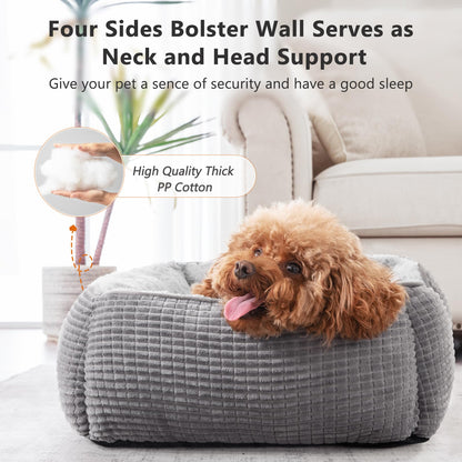 JOEJOY Medium Dog Bed Washable Pet Bed, Orthopedic Calming Dog with Raised Edges Rectangle Bed Non-Slip Bottom Puppy Bed, Soft Rose Velvet Pet Bed For Medium Dogs, Grey, 63x53x21 cm