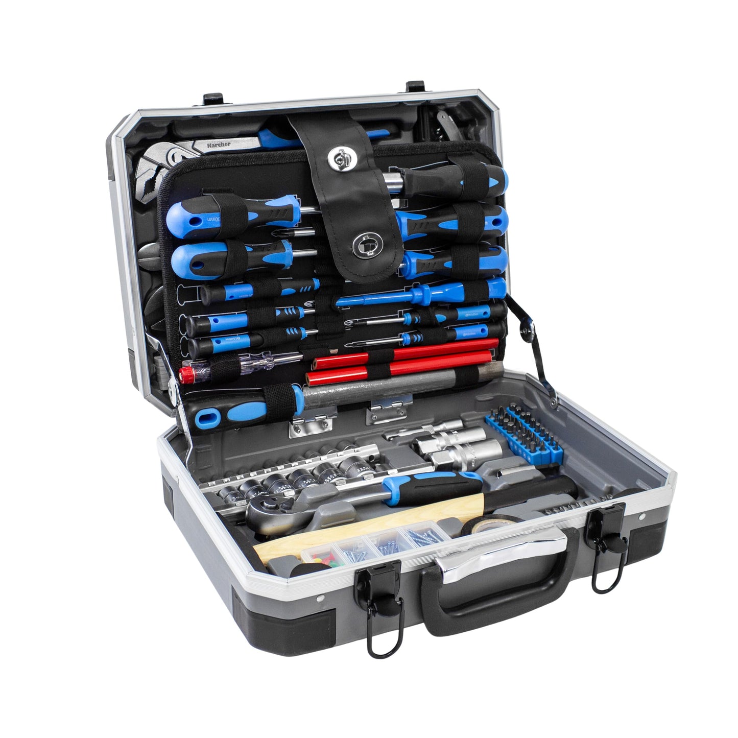 KARCHER Tool Box, 114 Piece Tool Set, I Tool Set Made of Chrome Vanadium & Carbon Steel with Hammer, Screwdriver, Socket Wrench, Bit Set and More Practical case for tools.