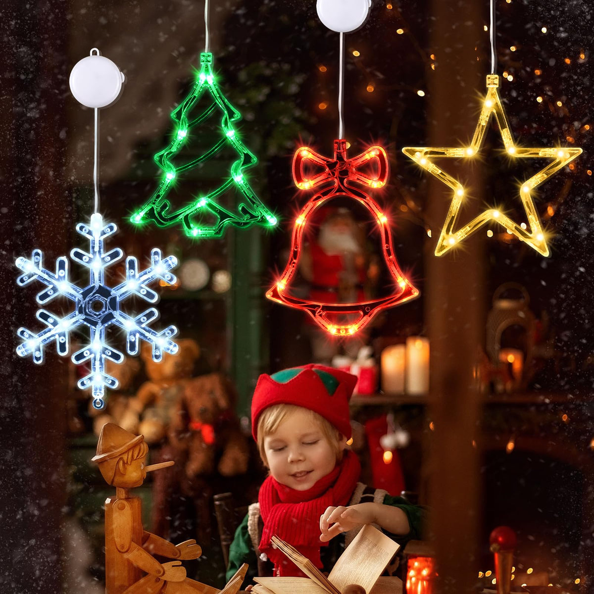 Waipfaru 4 PCS Christmas Window Lights with Timer Function, Christmas Window Decorations Jingle Bell Snowflake Christmas Tree Star Lights with Suction Cup for Decorations Indoor Outdoor