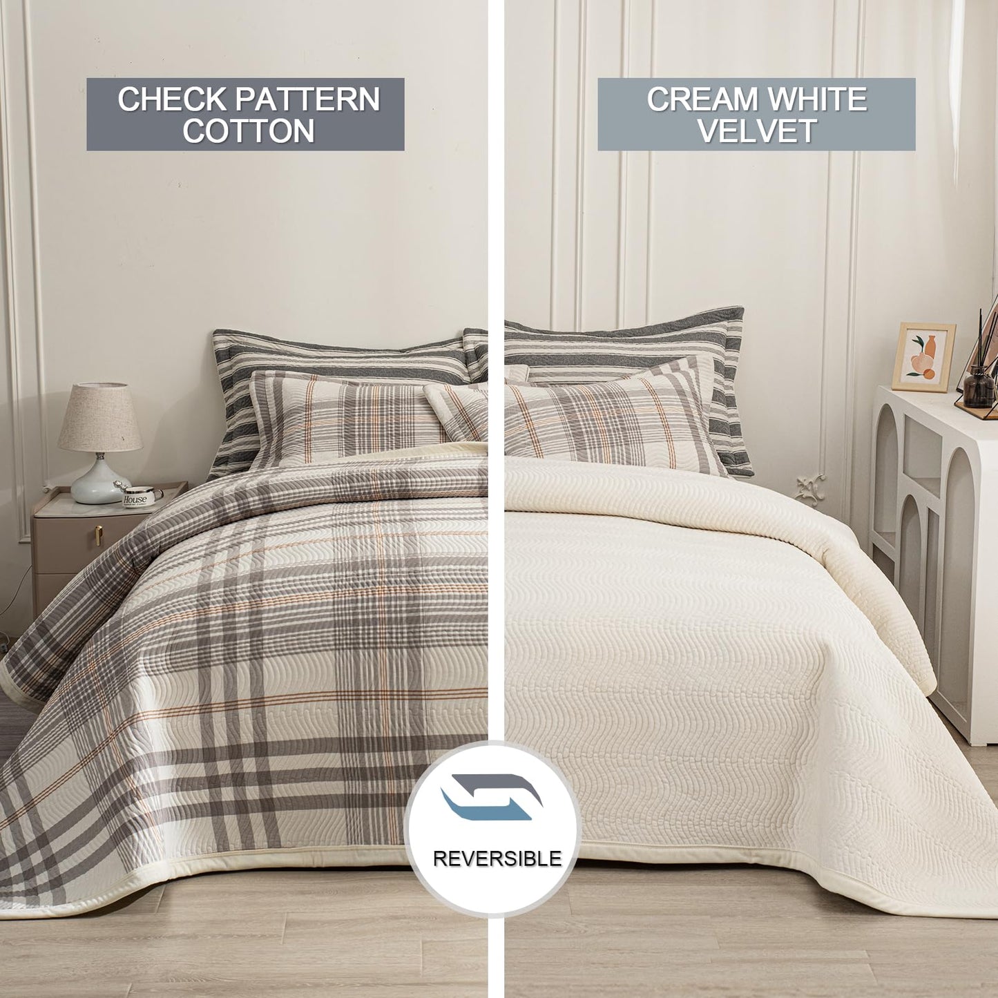 tohrisa Cotton Plaid Quilt Set, Ultra Soft 3 Pieces Queen Size Bedding with 2 Pillow Shams, Lightweight Reversible Coverlet Bedspread with Wave Quilting for Summer, 90"x96", Grid-Grey White