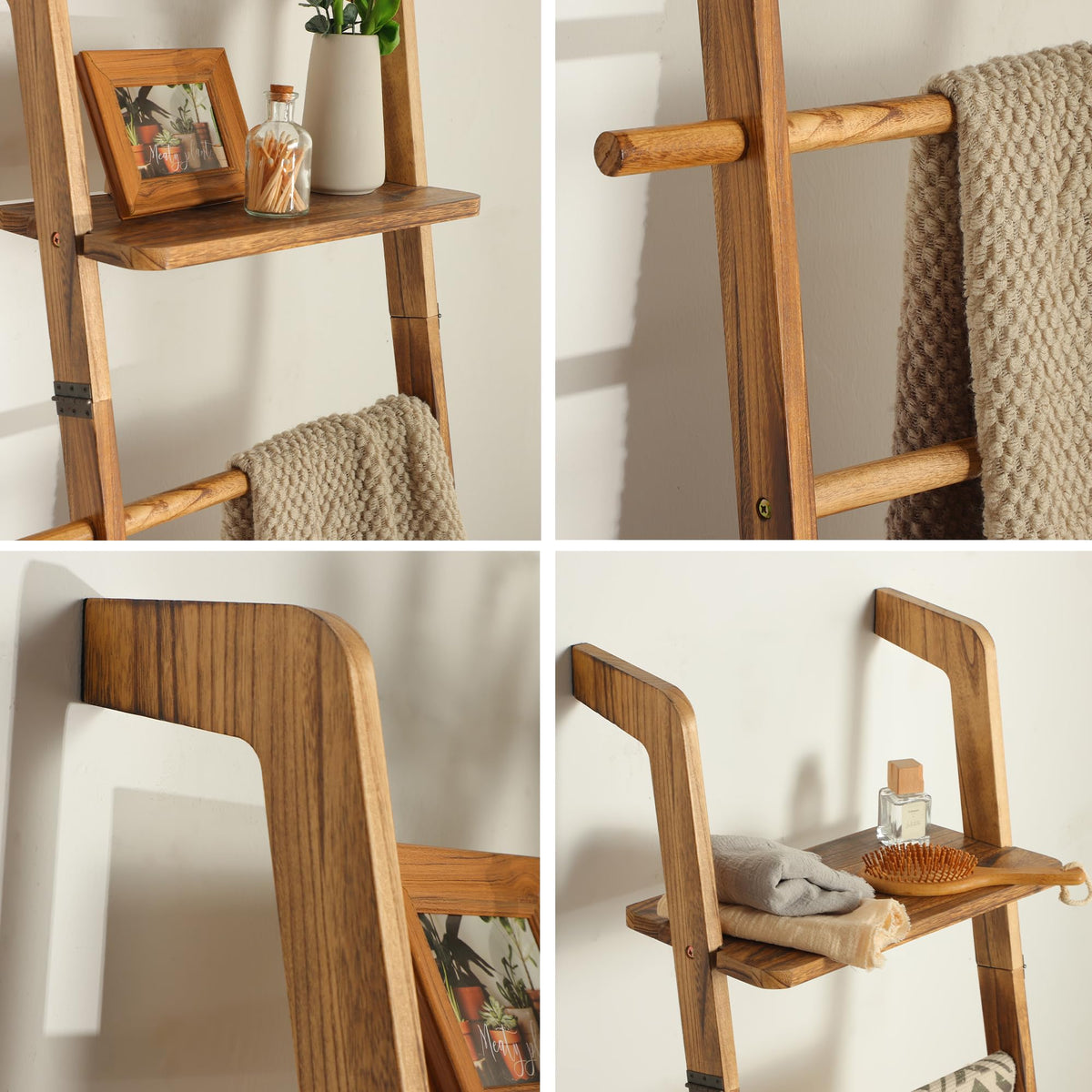 ZUNTO Blanket Ladder with Top Shelf for The Living Room - 67in Decorative Wooden Blanket Holder, 5 Tier with Side Hooks for Hanging - Rustic Farmhouse Towel Throw Ladder Rack for Organize and Display