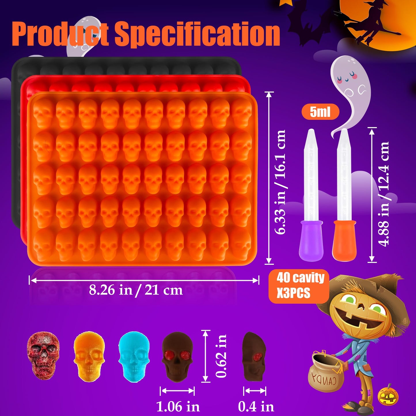RUGVOMWM 3 Pack Halloween Gummy Skull Candy Molds Silicone,Halloween Mini Skull Mold with 2 Droppers for Chocolate, Candy,Ice Cube - Orange，Red，Black