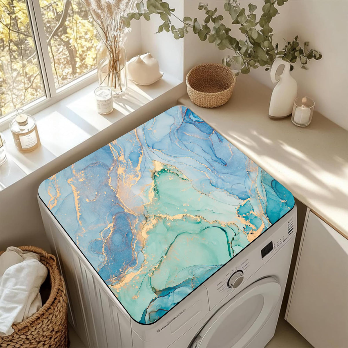 Blue and Green Fluid Marble Texture Washer and Dryer Covers For The Top, Non-slip Fast Drying Absorbent Dryer Top Protector Mat for Kitchen Laundry Room Decor,23.6"x19.7"