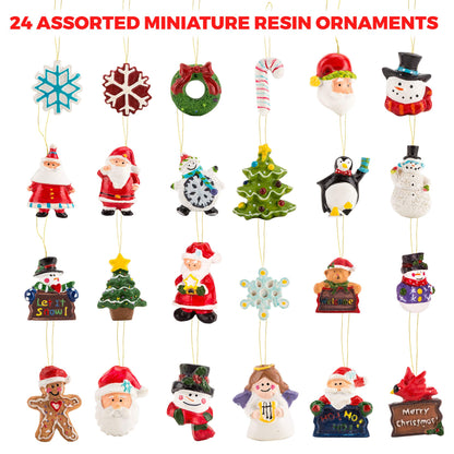 Mini Resin Christmas Ornaments Set of 24 - Rustic Christmas Decorations - Small Miniature Christmas Tree Ornaments - Santa Snowman Gingerbread Angel - Tiny Christmas Tree Decorations with Gift Box!