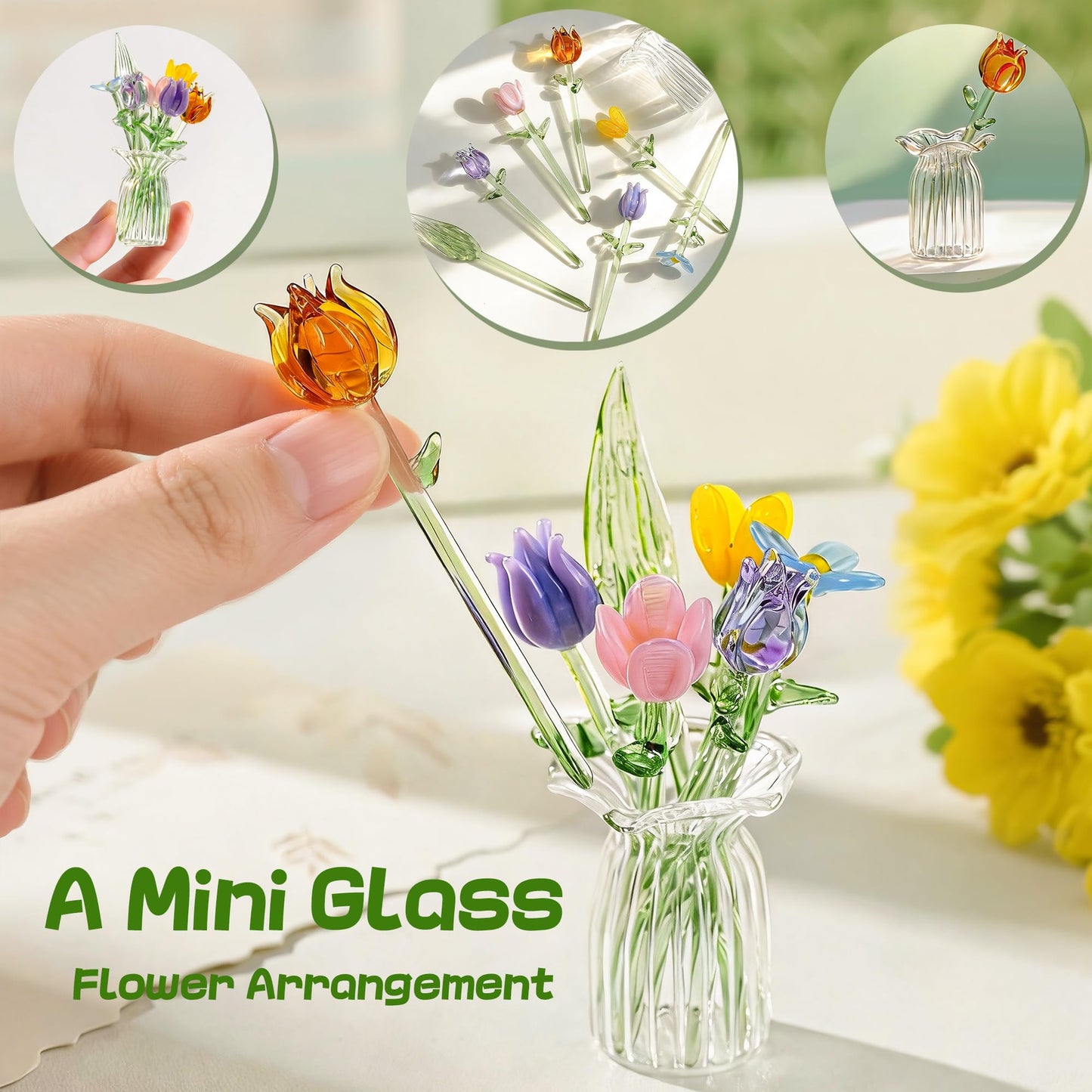 H&D HYALINE & DORA 7 Pcs Mini Glass Flower Hand Blown Glass Artificial Flowers with Clear Vase Crystal Wildflower Collectible Ornament for Women Mom Wedding Home Table Centerpiece(Style 1)