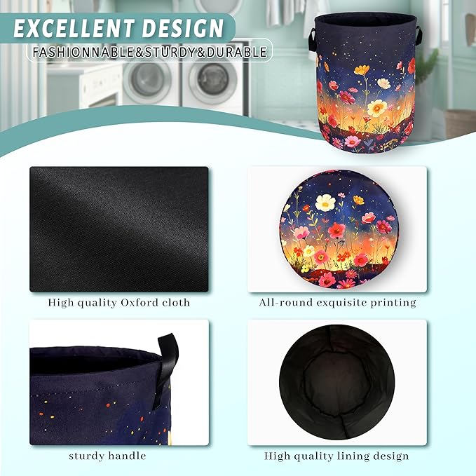 Colorful Flowers At Night Laundry Basket Floral Foldable Funny Laundry Hamper