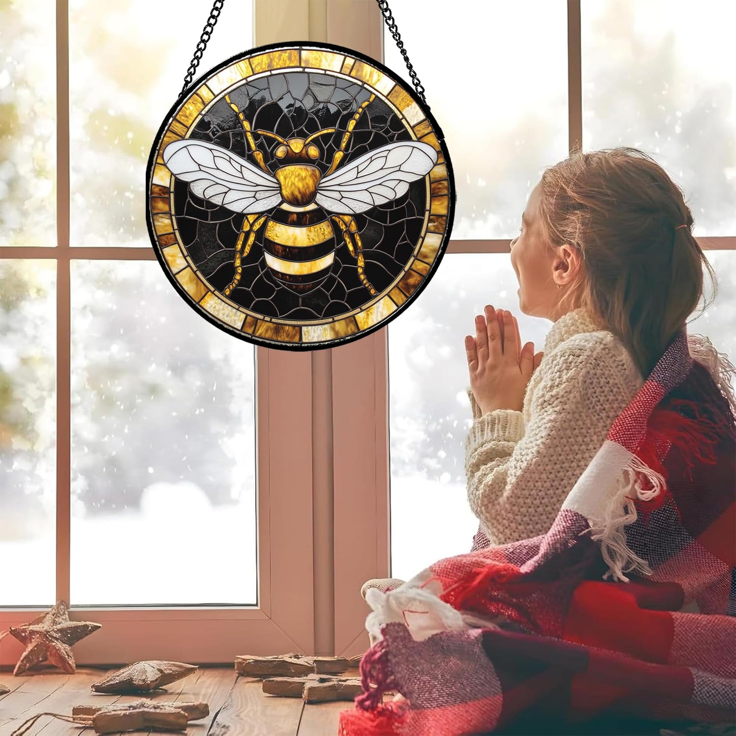 AMDERVEN Stained Glass Window Hanging - Black Gold Bee White Wings Sun Catcher for Door Home Decor Insect Suncatcher Christmas Mother's Day Birthday Gifts for Women Men Lovers Mom Nana 15 in