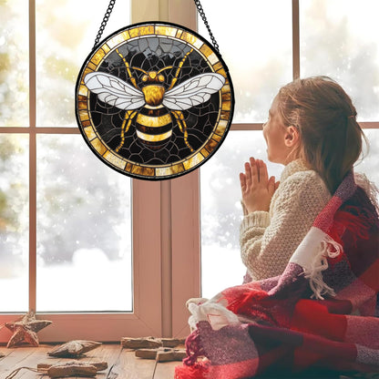AMDERVEN Stained Glass Window Hanging - Black Gold Bee White Wings Sun Catcher for Door Home Decor Insect Suncatcher Christmas Mother's Day Birthday Gifts for Women Men Lovers Mom Nana 15 in