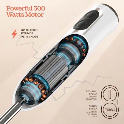 Powerful Immersion Blender, Electric Hand Blender 500 Watt with Turbo Mode, Detachable Base. Handheld Kitchen Gadget Blender Stick for Soup, Smoothie, Puree, Baby Food, 304 Stainless Steel Blades