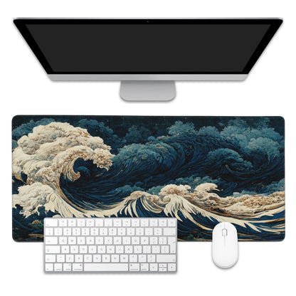 EOBKLAX Japanese Ocean Waves Large Gaming Mouse Pad,Waterproof Desk Mat for Desktop,Non-Slip Rubber Base Mousepad with Stitched Edges for Laptop Office and Home 35.4X15.7 Inch