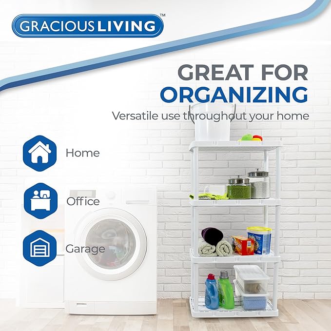 Gracious Living 4 Shelf Knect-A-Shelf Ventilated Light Duty Storage Home Organizer with Adjustable Shelves for Garage, Basement, and Laundry, White