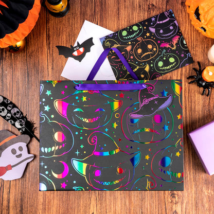 LeZakaa Halloween Wrapping Paper Roll 13" Gift Bag with Tissue Paper, Gift Tag, and Card, Evil Pumpkin Fluorescent Black Design