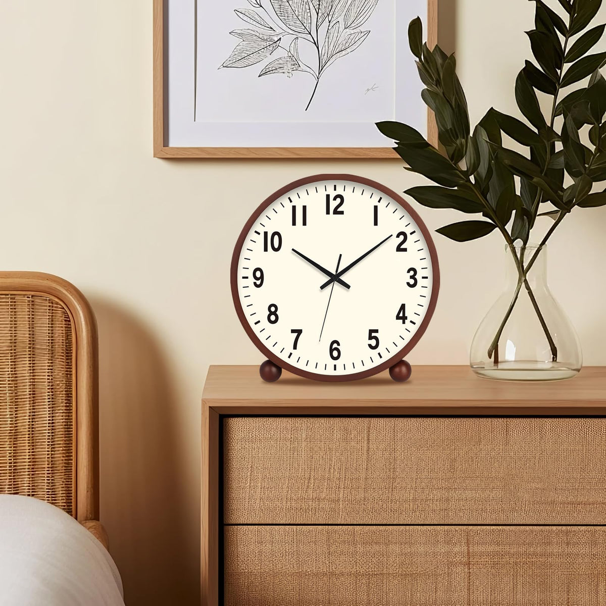 Maxspace Wooden Table Clock,8in Silent Non-Ticking Desk Clock,Battery Operated Desktop Analog Clock for Living Room Bedroom Kitchen Office Classroom Decor (Walnut - Cream Finish)