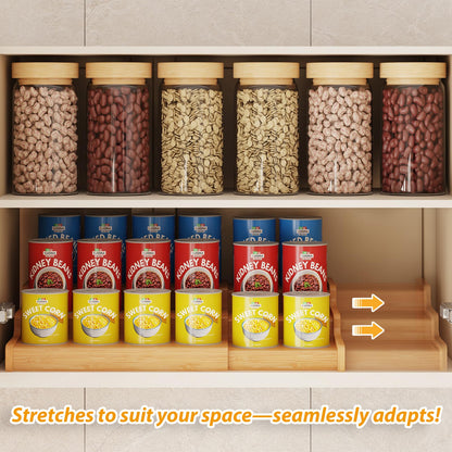 Expandable Bamboo Can Rack Organizer for Pantry, 3-Tier Adjustable Can Storage Holder, Soda Organizer Holds Up to 24 Cans, Canned goods Storage Display for Pantry, Cabinet, Countertop (patent pending)