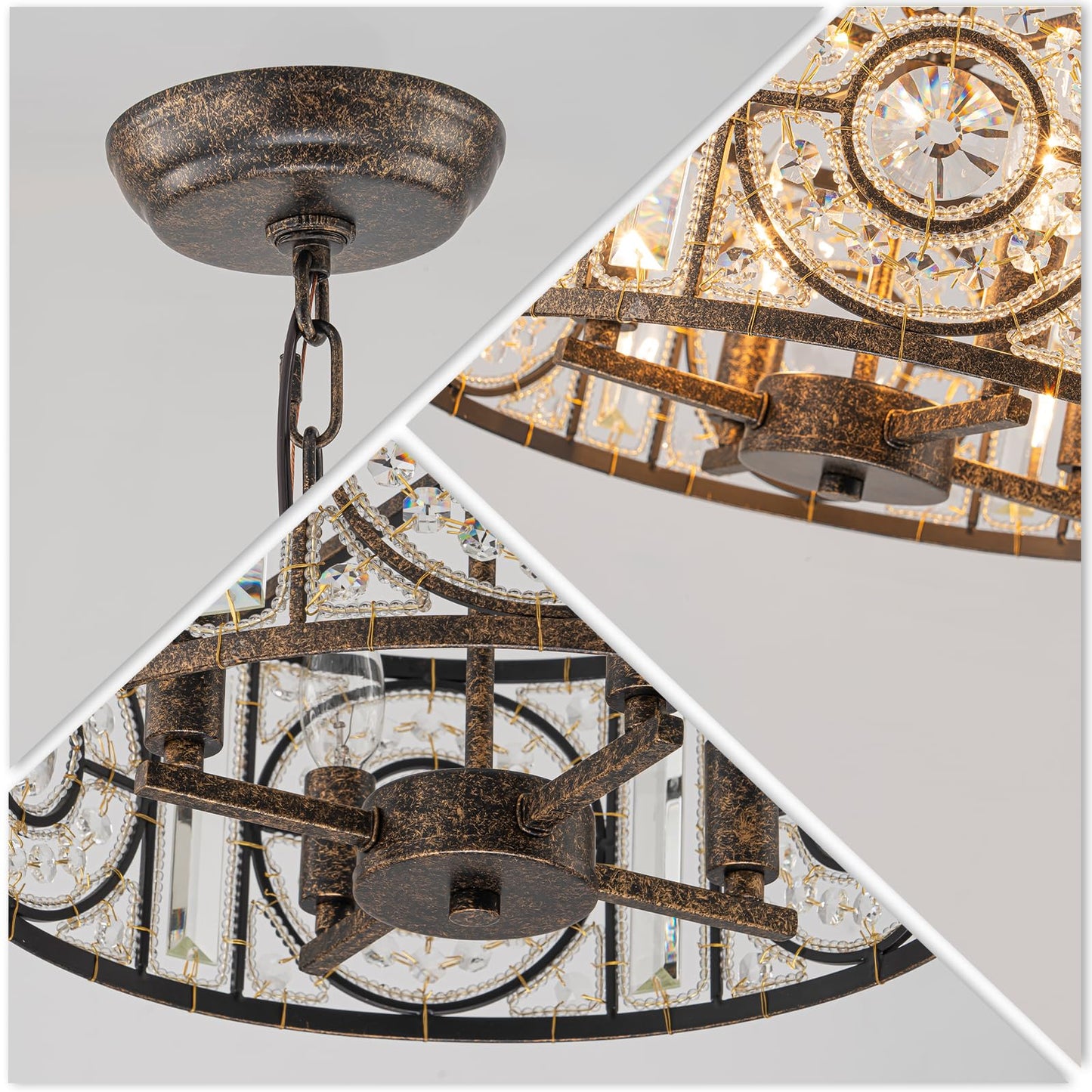 Zicbol Bronze Vintage Crystal Chandeliers for Dining Room 14.17" Drum Pendant Lights, Dining Room Light Fixtures Over Table, Hanging Chandelier for High Ceiling Kitchen Island Living Room Foyer