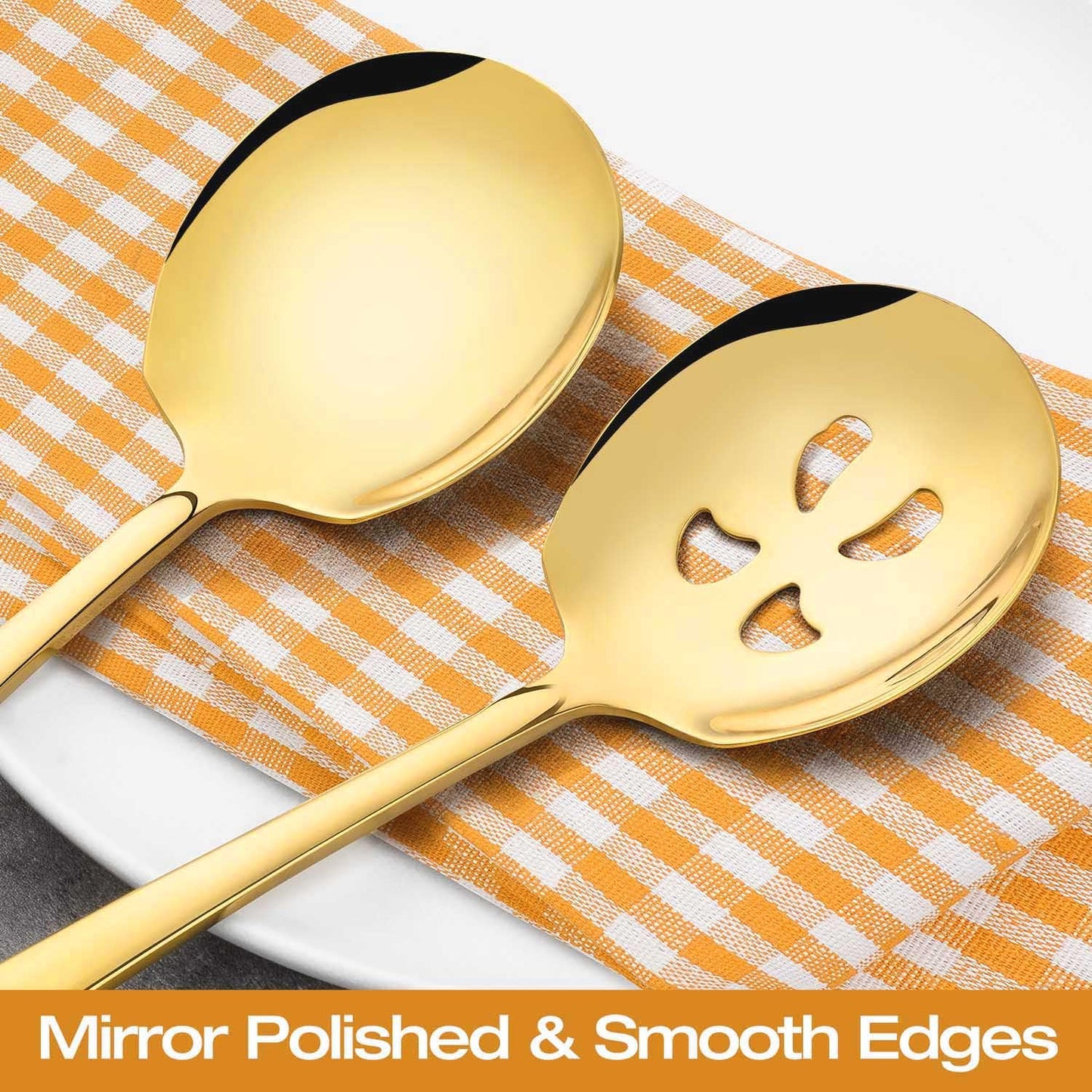 Extra Large Serving Spoons Set of 4-Piece, 11.7-Inch Gold Serving Slotted Spoon x 2 Serving Spoon x 2, Stainless Steel Serving Utensil for Buffet, Parties, Catering - Dishwasher Safe(4-Pack, Gold)