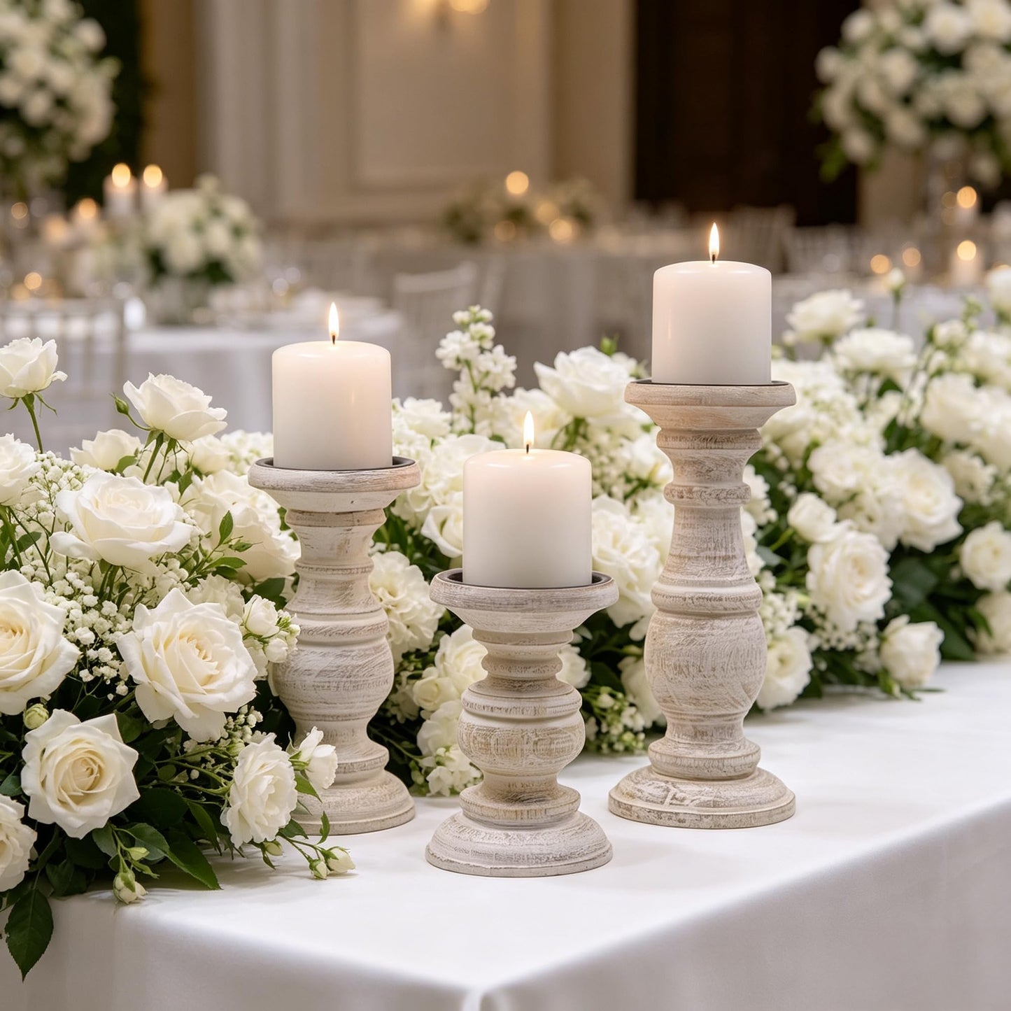 Hosley Set of 3 Whitewashed Wooden Pillar Candle Holders – 10”, 8”, and 6” Heights – Ideal for LED and Pillar Candles, Weddings, Parties, Home Décor, Spa, Reiki, and Aromatherapy