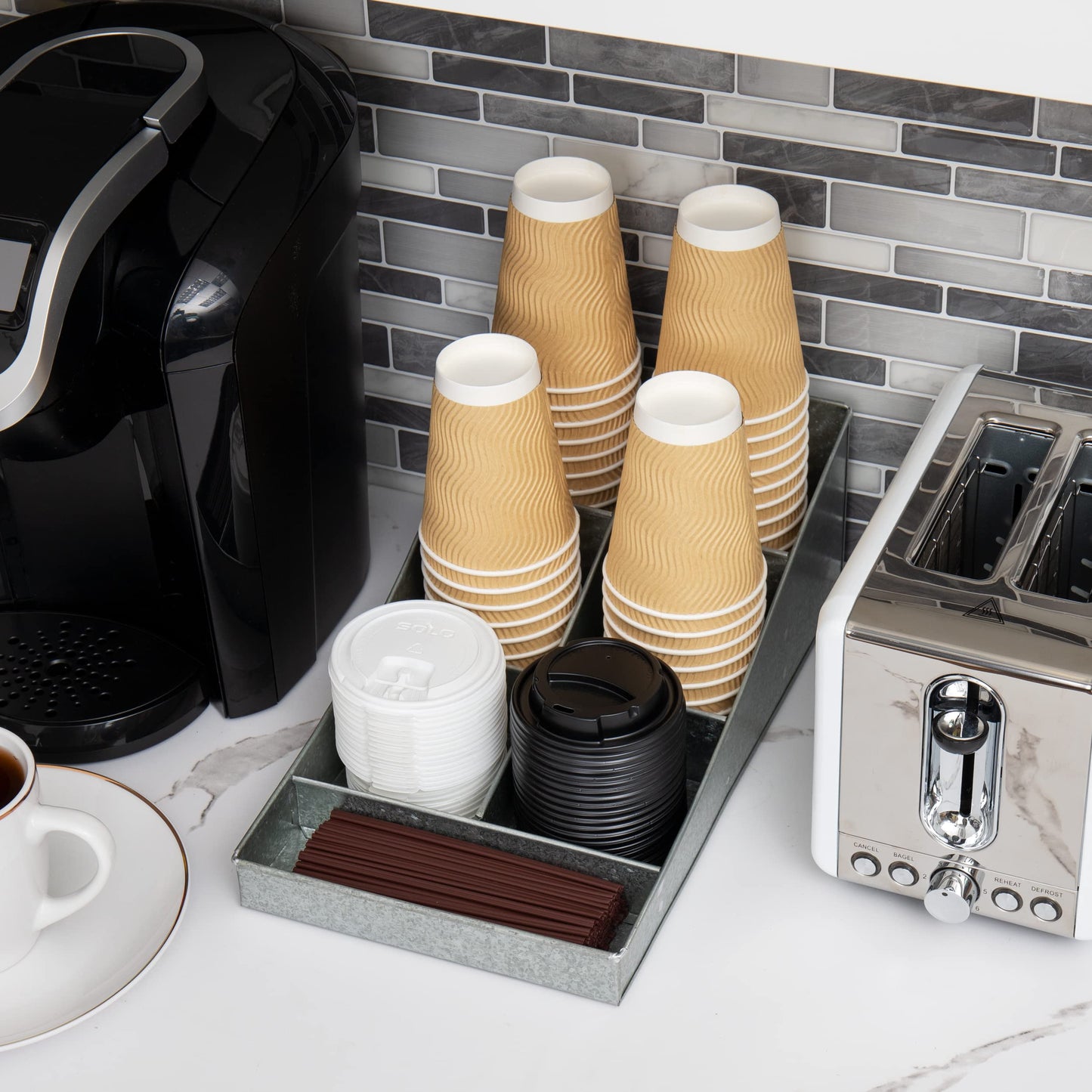 Mind Reader Cup and Condiment Station, Countertop Organizer, Coffee Bar, Galvanized Metal, 8.5"L x 14.5"W x 5.25"H, Silver
