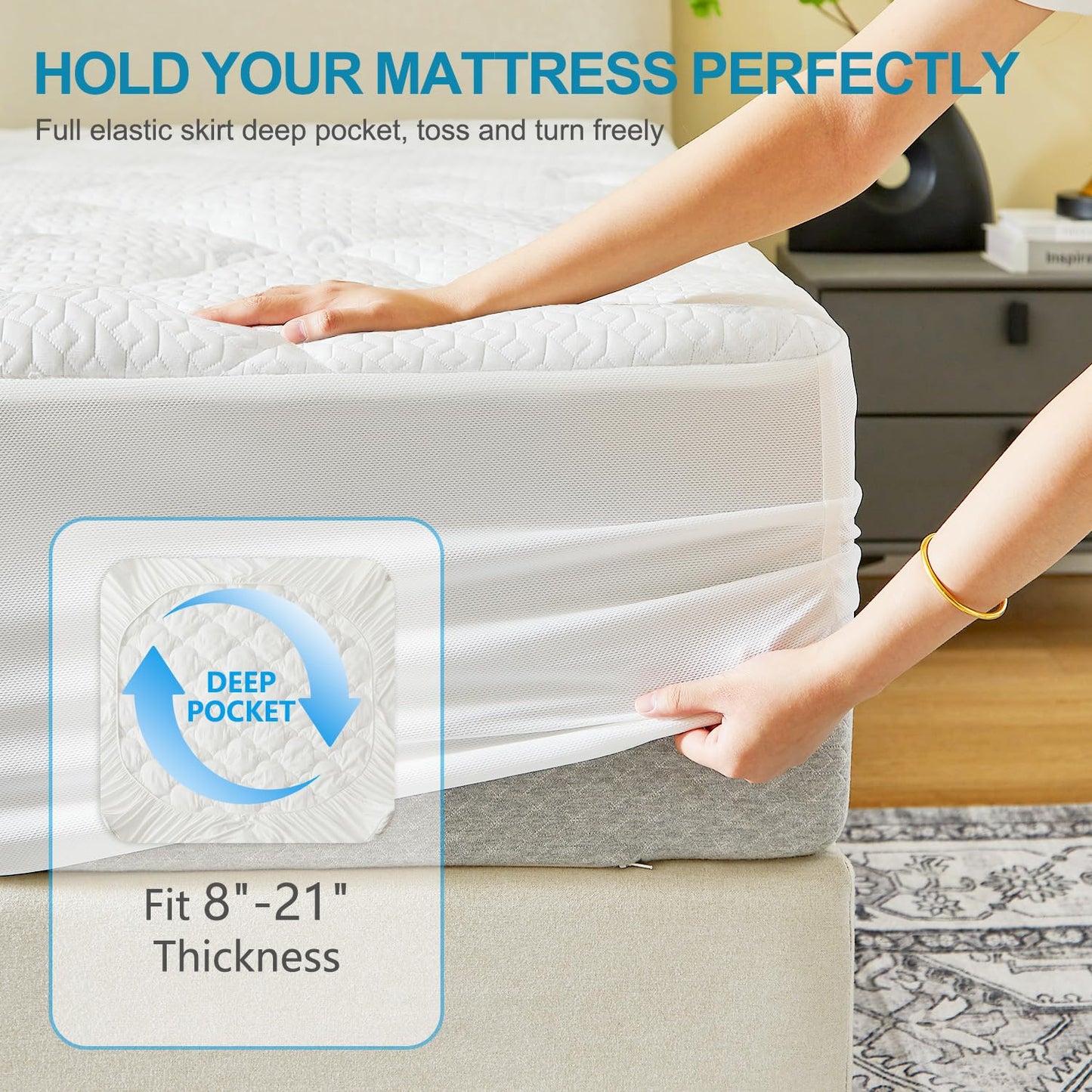 GOLDBOVER Mattress Topper Queen, 2 inch Ultra Soft Quilted Fitted Mattress Pad Cooling Mattress Cover with Thin Down Alternative Filling Noiseless & Breathable (8-21”Deep Pocket)