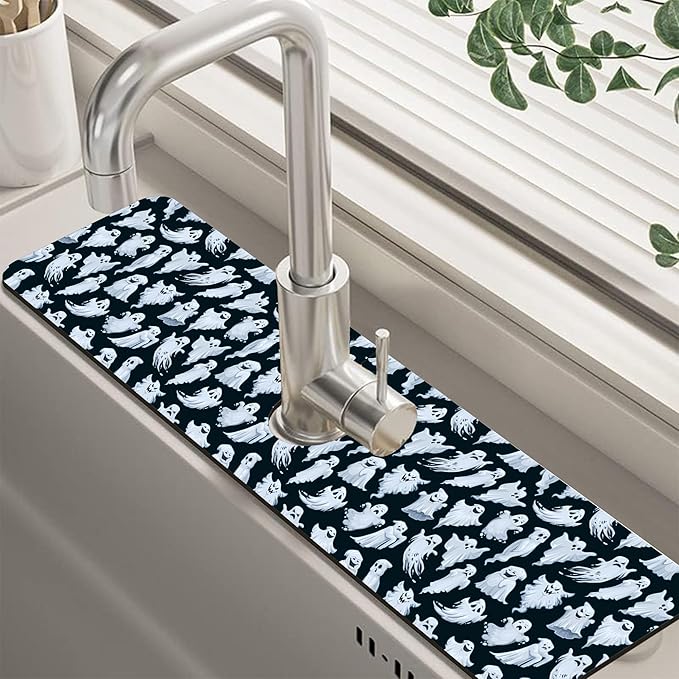 Halloween Ghost Kitchen Sink Splash Guard Mat Absorbent Fast Drying Mat Faucet