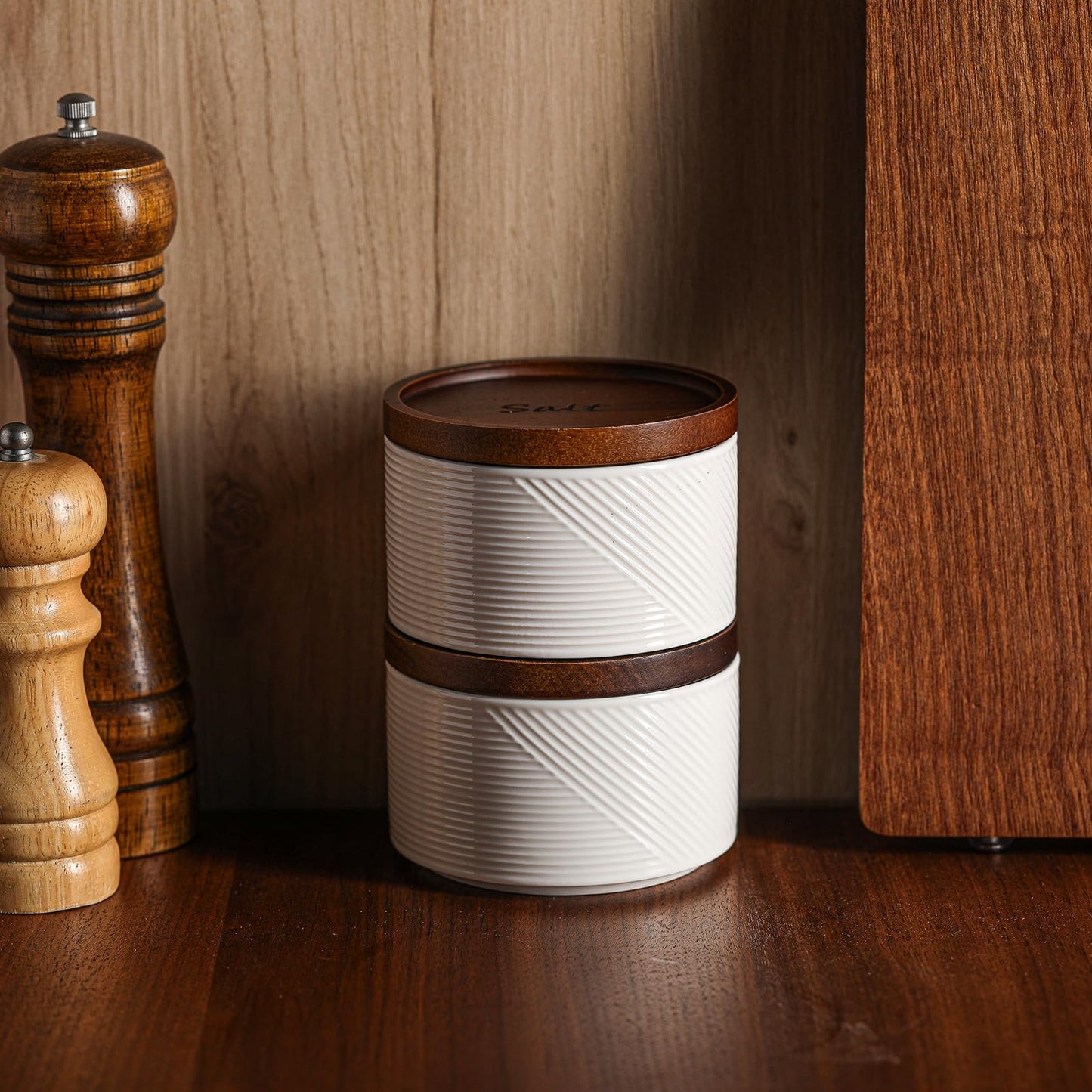 Adewnest Salt and Pepper Bowls: 10 oz Ceramic Stackable Spice Cellar with Wooden Lid - Stacked Seasoning Storage Containers for Countertop Stovetop - Striped, White