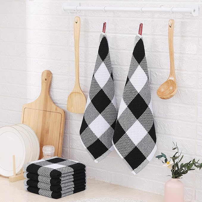 Homaxy 100% Cotton Waffle Weave Check Plaid Dish Cloths, 12 x 12 Inches