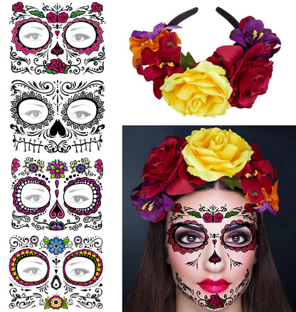 Rose Flower Halloween Headband & Day of the Dead Face Tattoos, Temporary Tattoo Stickers and Mexican Floral Headpiece for Halloween Costumes Party Supplies Cosplay Festival, Day Of the Dead headband