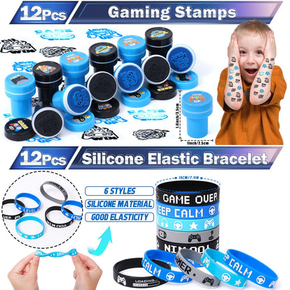 Mishopy 84Pcs Video Game Party Favors Birthday Supplies Kids Boys Invisible Ink Pen Notebook Silicone Bracelet Stamper Tattoo Sticker Gaming Toy Gift Bag Goodie Bag Stuffers Gamer Party Favors