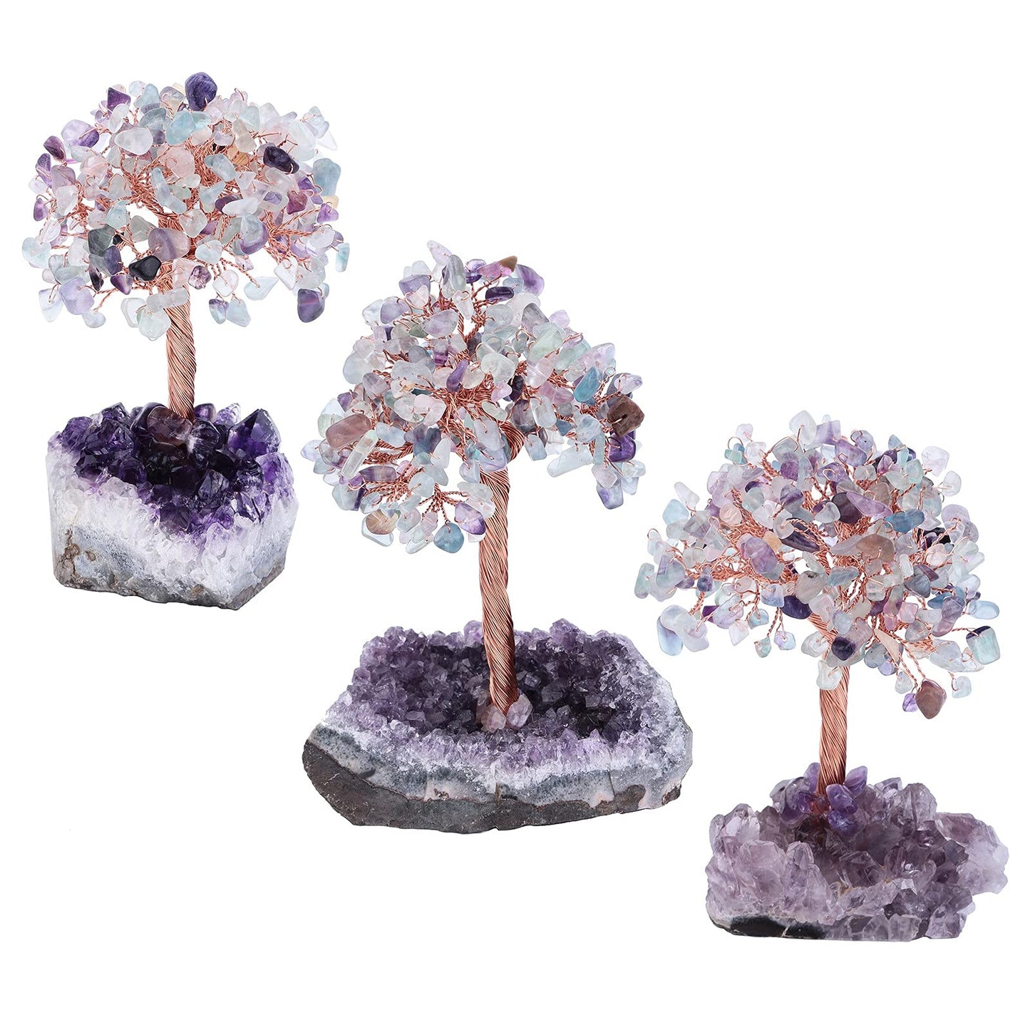 Cheungshing Healing Crystals Money Tree with Natural Amethyst Base, Crystal Stone Feng Shui Bonsai Figurines Tree of Life Decoration for Home Table Office, Fluorite