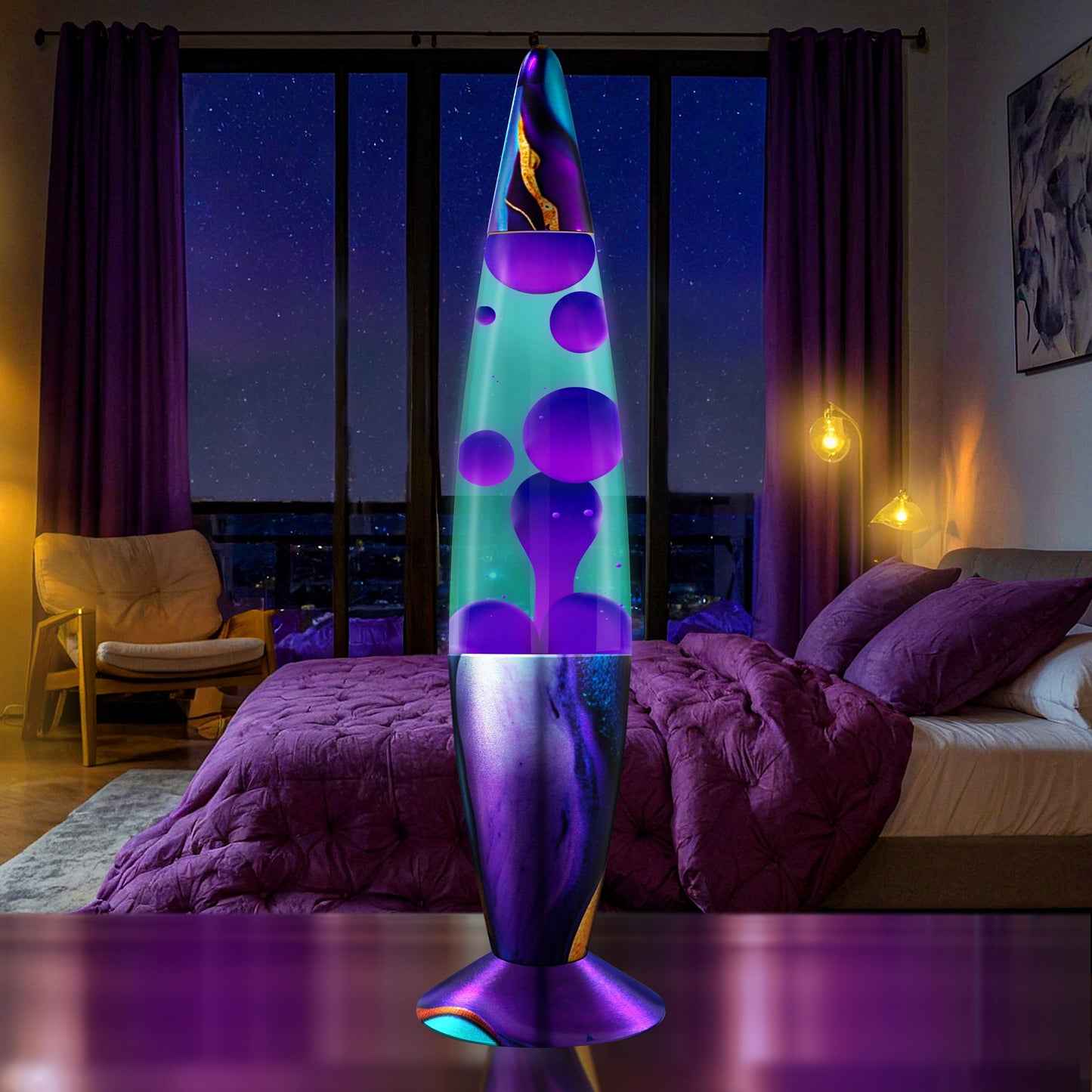 JAMBO 16" Beautiful Lamp- Teal with Purple Wax- Relaxing Liquid Light, Night Light Nightlight, Retro Home Decor Light, Living Room Office Bedroom Lamp for Adults Teens Kids, Magma Motion