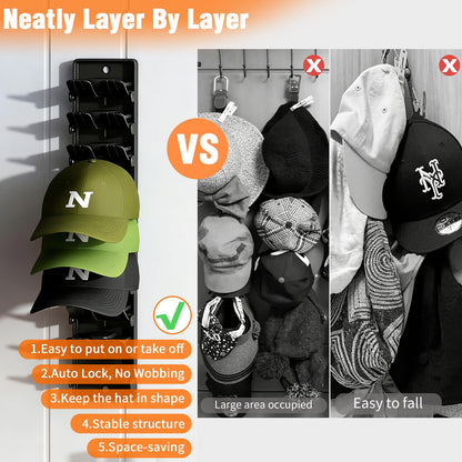 Dazioter Hat Organizer for Baseball Caps, 2 Pack Wall Mount Hat Rack with Spring Clips, Holds 20 Caps, Black Hat Holder for Closet Door