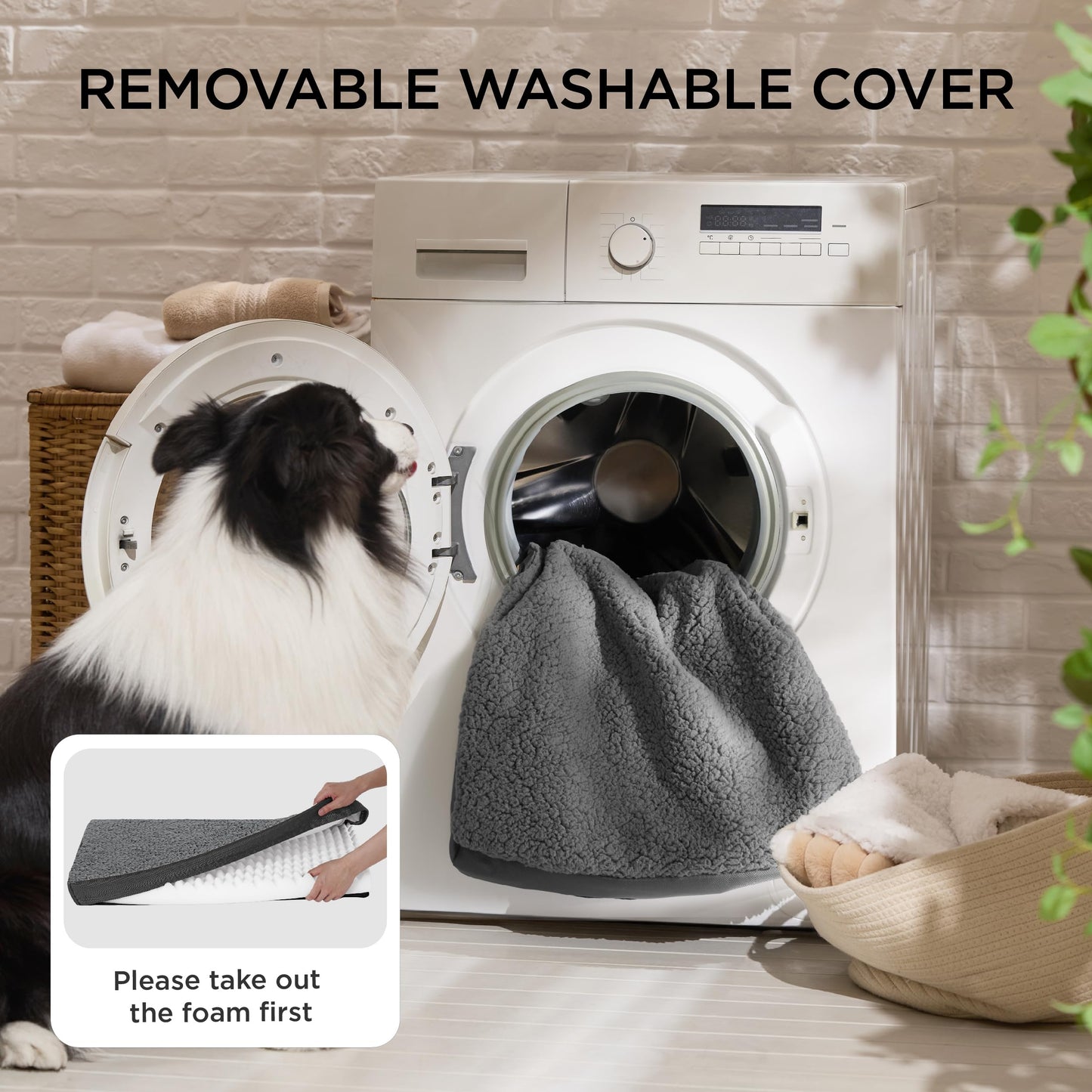 Bedsure Large Dog Bed Washable - Orthopedic Dog Bed and Mattress Mat for Dog Crate with Removable Plush Sherpa Cover, Gifts for Dog, Grey, 91x69x7.6cm