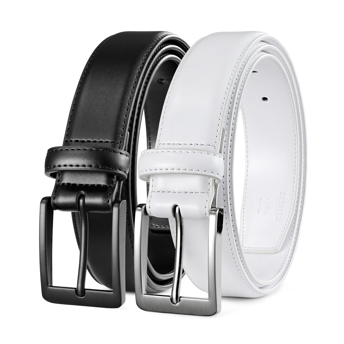 MILORDE Men's Leather Dress Belt 2Pack, Handmade, 100% Cow Leather, Fashion & Classic Designs for Work Business and Casual (2Pack-Black603/White608,36)