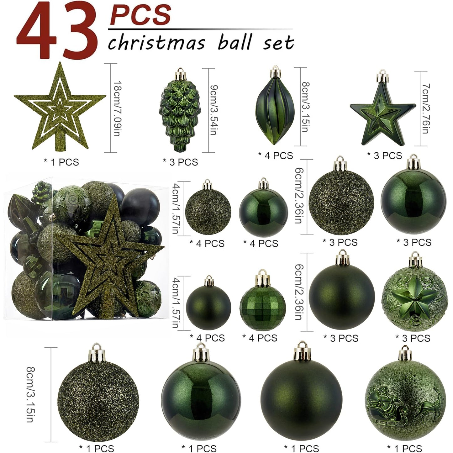 Christmas Ball Ornaments - 43pcs Shatterproof Christmas Tree Decorative Hanging Ornaments with Loop for Xmas Holiday Party Wreath Home Decoration (Dark Green)
