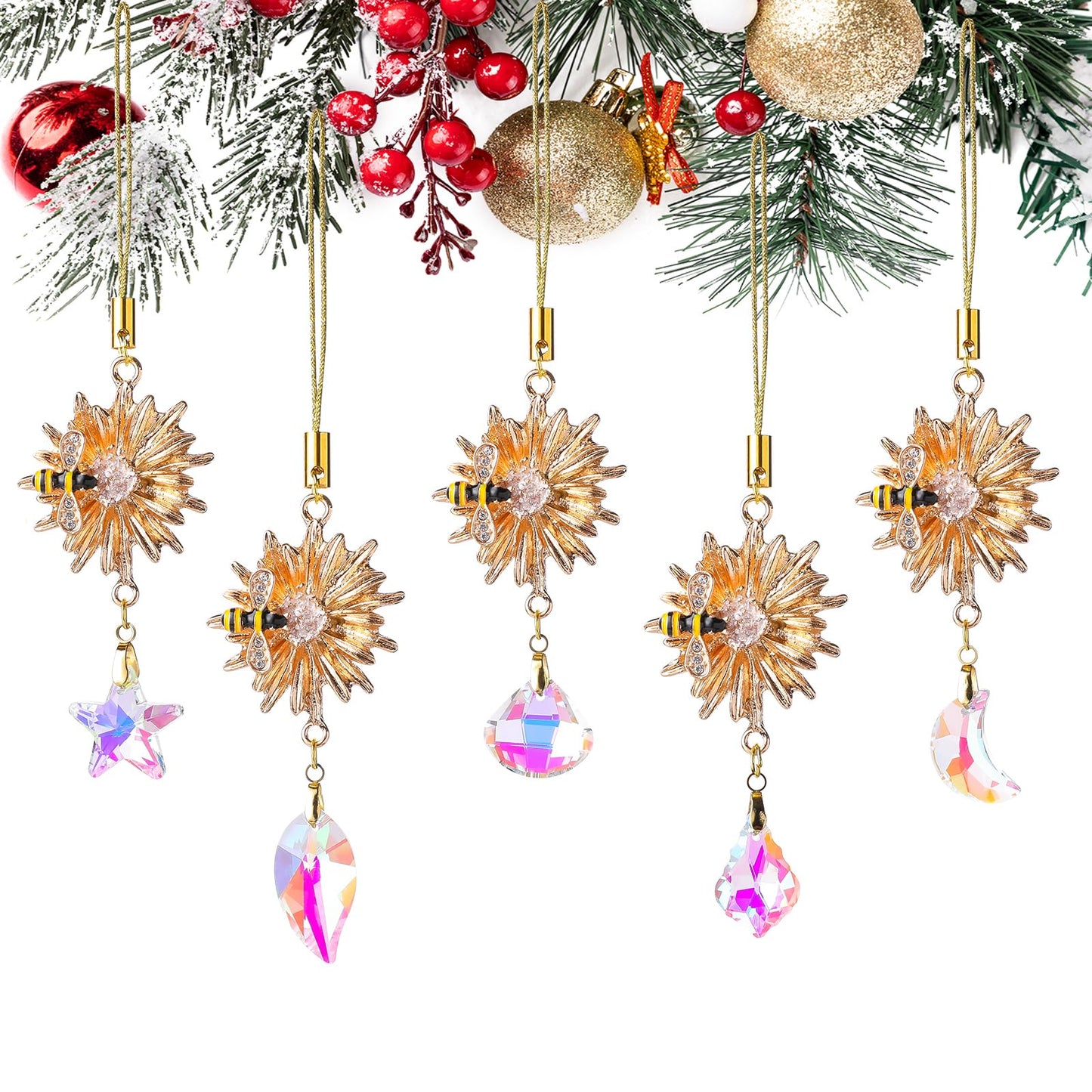 5Pcs Crystal Suncatchers Glass Prisms Christmas Tree Decorations Gold Flower Bee Hanging Crystal Ornament Wedding Party Home Decor
