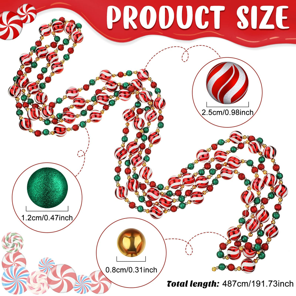 Jetec 16 ft Christmas Ball Garland Ornament Red White Green Stripe Candy Beaded Ball Ornament Hanging for Christmas Tree Retro Party Decorations