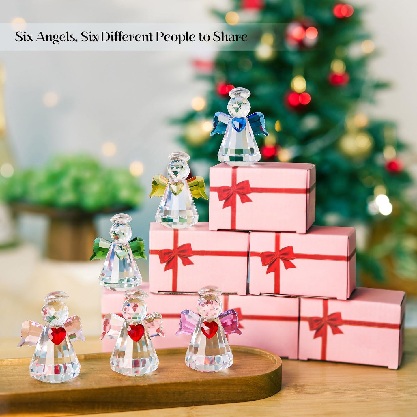 6-Piece Crystal Guardian Angel Figurine Set, 2.5" Handcrafted Glass Angel Ornaments Home Decor, Office Room Tabletop Display Collection Paperweight, for Lover Women Girl Birthday