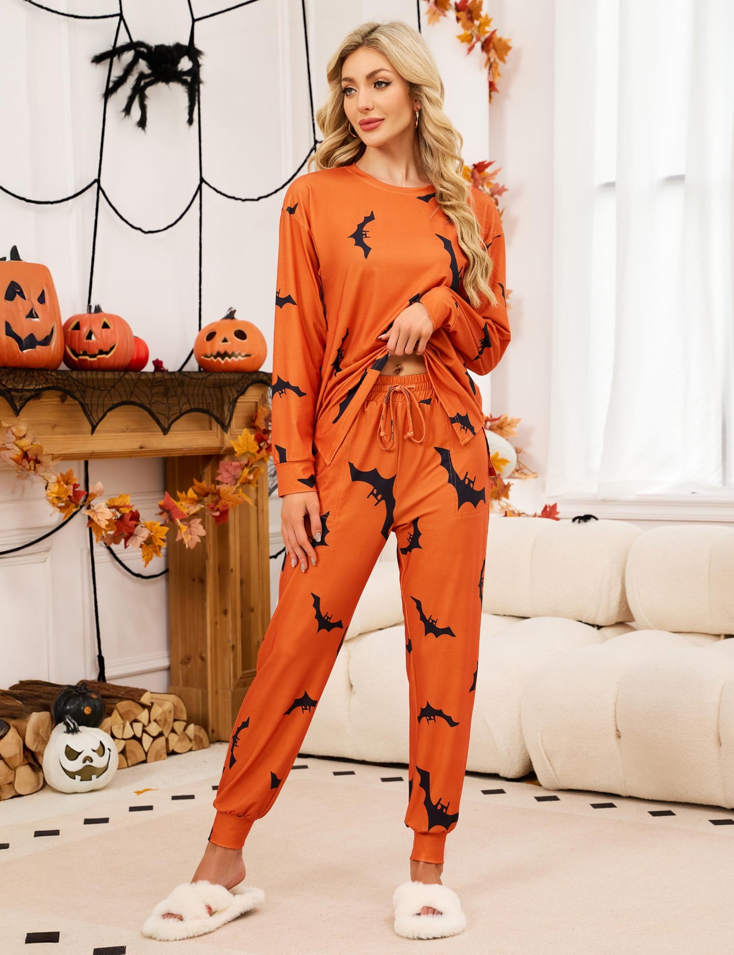 Blooming Jelly Womens Cute Pajama Sets Bat Long Sleeve Halloween Pajamas Lounge Set with Pockets 2025 (XL, Orange)