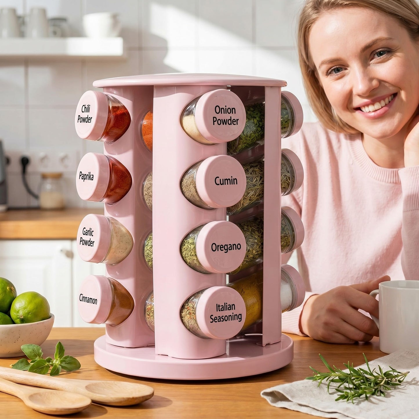Yungyan Pink Rotating Spice Rack Seasoning Organizer with 16 Empty Jars, Spice Containers Set with Labels and Funnel, Revolving Seasoning Rack for Kitchen Accessories (Stainless Steel,Glass)
