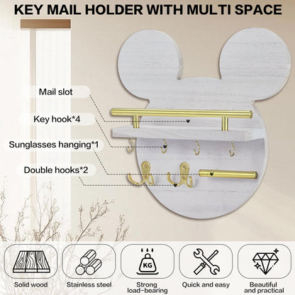 AIRPOP Key Holder for Wall–Mouse Wooden Mail Organizer Wall Mount with Shelf and 6 Hooks, Easy Installation Key Rack Hanger for Entryway Living Room Home Decor(White)