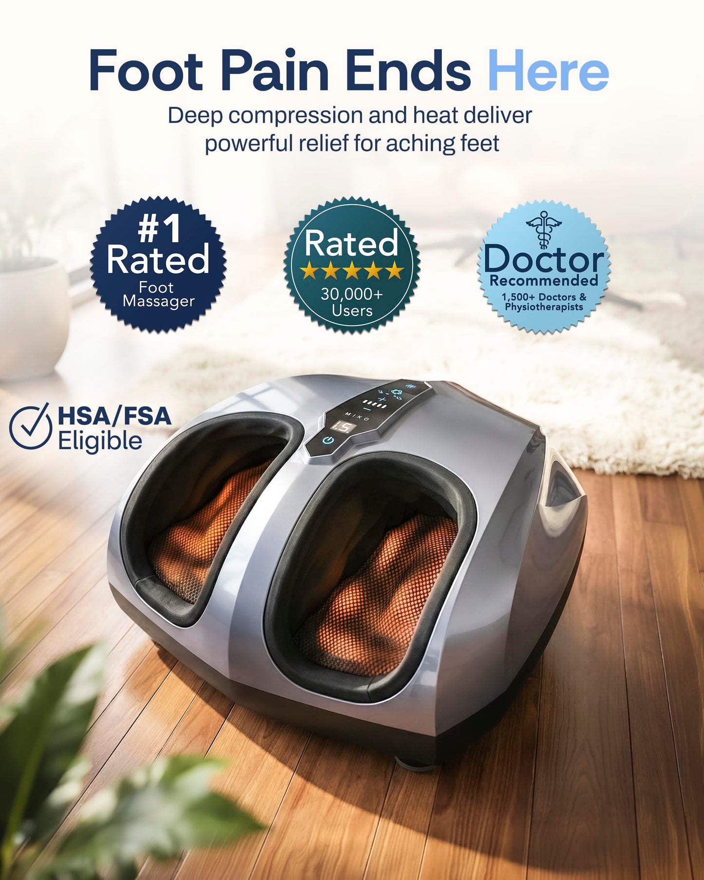MIKO Foot Massager Machine with Deep-Kneading, Compression, Shiatsu, and Heat for Plantar Fasciitis, Neuropathy - Fits up to Men Size 12