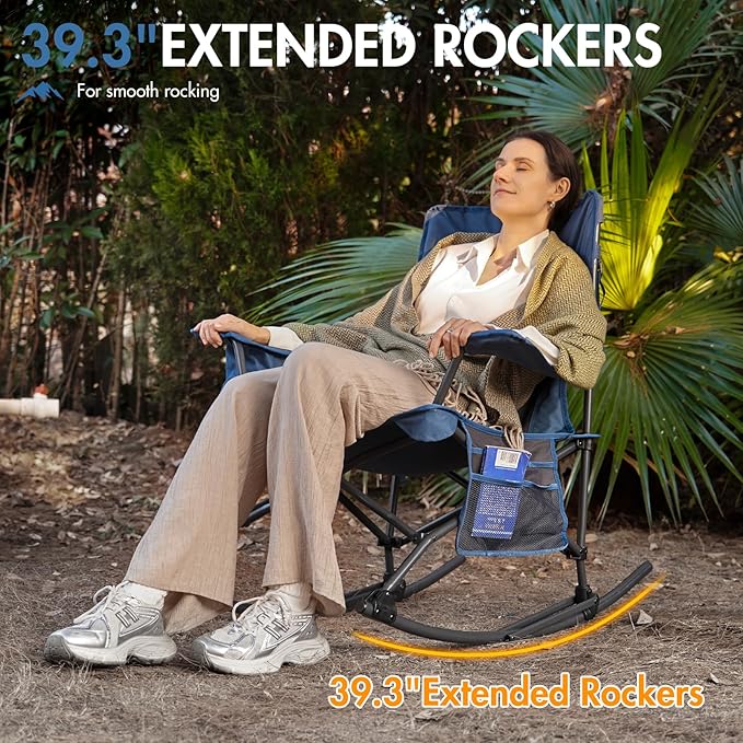 Portal Outdoor Rocking Chair Camping Folding Portable Rocker with Cup Holder Side Pocket Carry Bag, Support 350LBS (Mesh Blue)