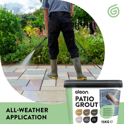 GLEAN Patio Grout | NATURAL | 15kg - 20m² Coverage | Jointing Compound | Brush In Patio Grout For Paving Patios & Block Paving | Self Setting All Weather Application | Ready Mixed