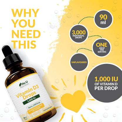 Vitamin D Drops 90ml (3000 Drops) - 1000IU per Drop - 50% More - Flexible Dose of Liquid Vitamin D3 Supplement for Adults - Unflavoured & Vegetarian - Made in The UK - Nu U Nutrition