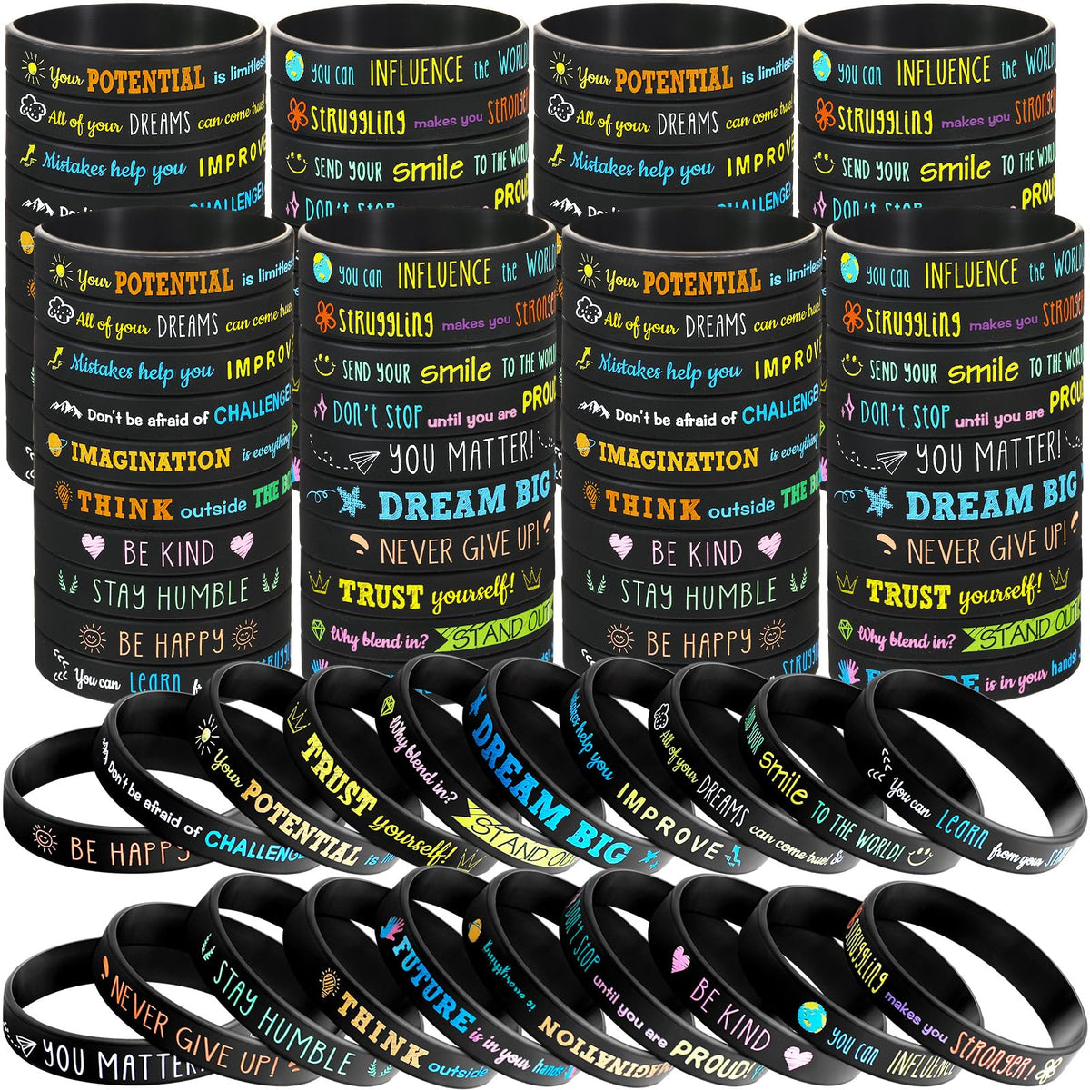 Bucherry 120 Pcs Motivational Silicone Wristbands Bulk Inspirational Rubber Unisex Bracelets with Positive Quotes for Student Teacher Classroom Reward Party Favors School Church Gifts(Black)