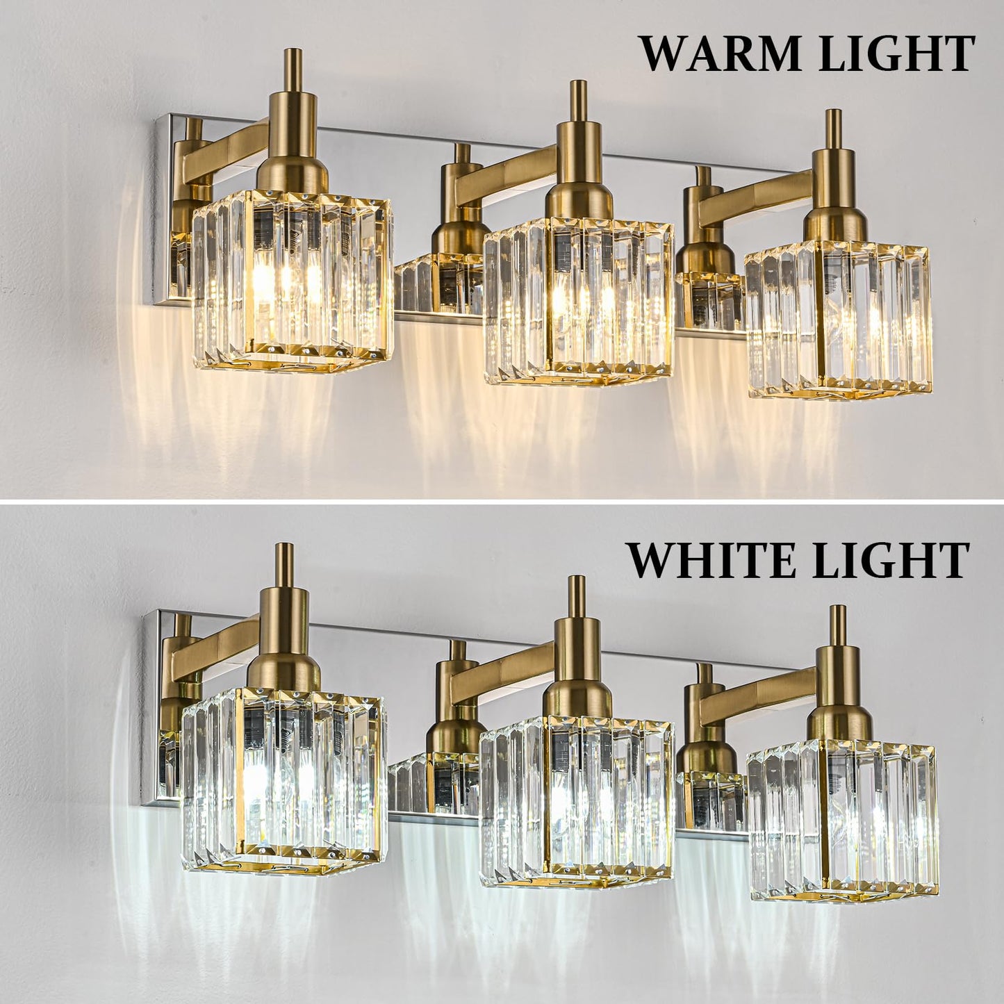 HUOKU Crystal Bathroom Vanity Light Gold Chrome 3-Light Modern Bathroom Lighting Fixtures Over Mirror Square Wall Sconce