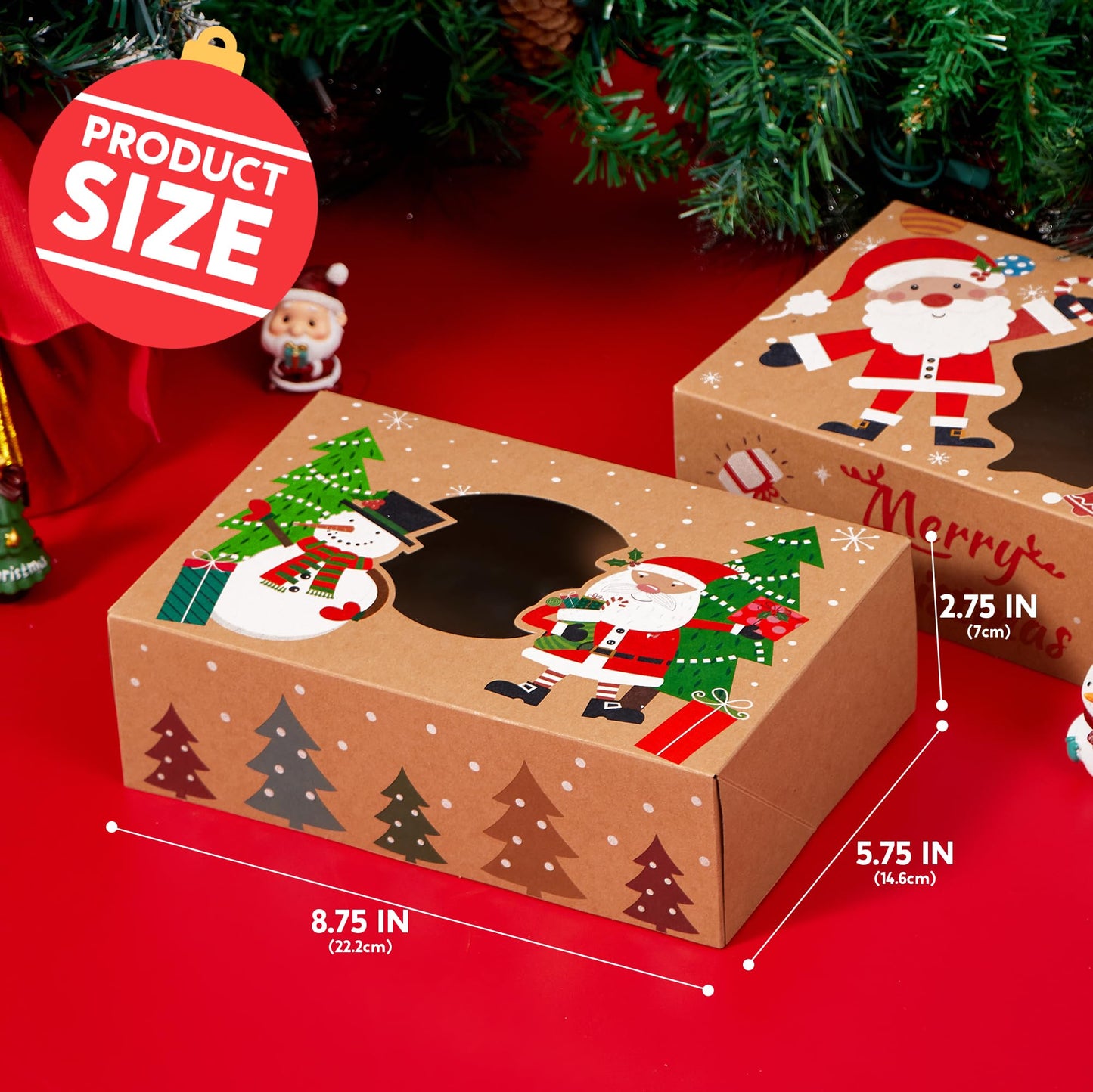 JOYIN 12PCS Christmas Cookie Boxes for Gift Giving, 8.75" x 5.75" x 2.75" Xmas Holiday Bakery Treat Boxes with Window, Kraft Cookie Tin Container Box for Baked Goods, Cupcake, Pastry, Candy, Doughnut